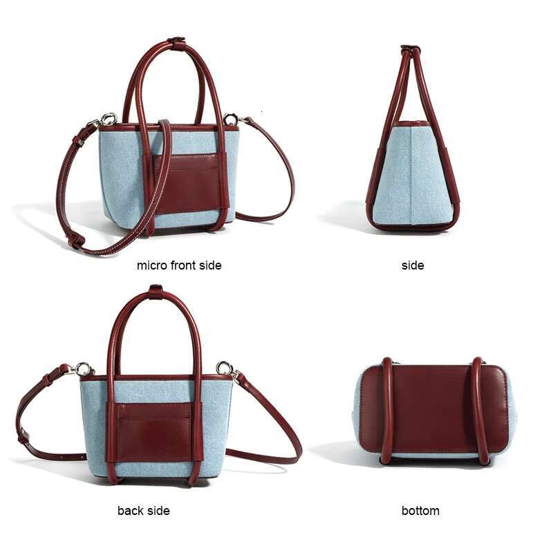 2024 New Women Bag Lady Summer Mini Basket Handbag Tote Female Denim Fabric With Genuine Leather Cross-Body Shoulder Messenger