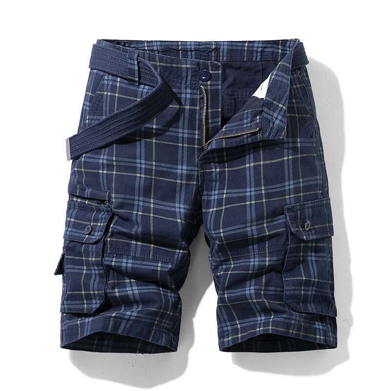 2023 New Summer Fashion Plaid 100% Cotton Casual Breeches Cargo Men Breathable Quick Dry Multi Pocket Hip Hop Shorts