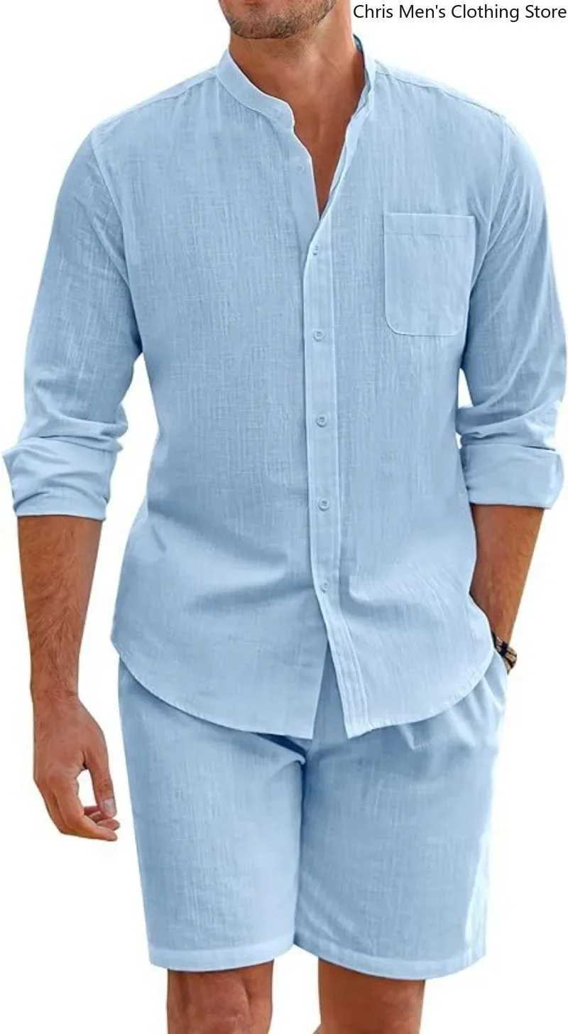 Hot selling comfortable and breathable soft shirts and shorts mens beach vacation mens cotton linen long sleeved two-piece setXJ250412