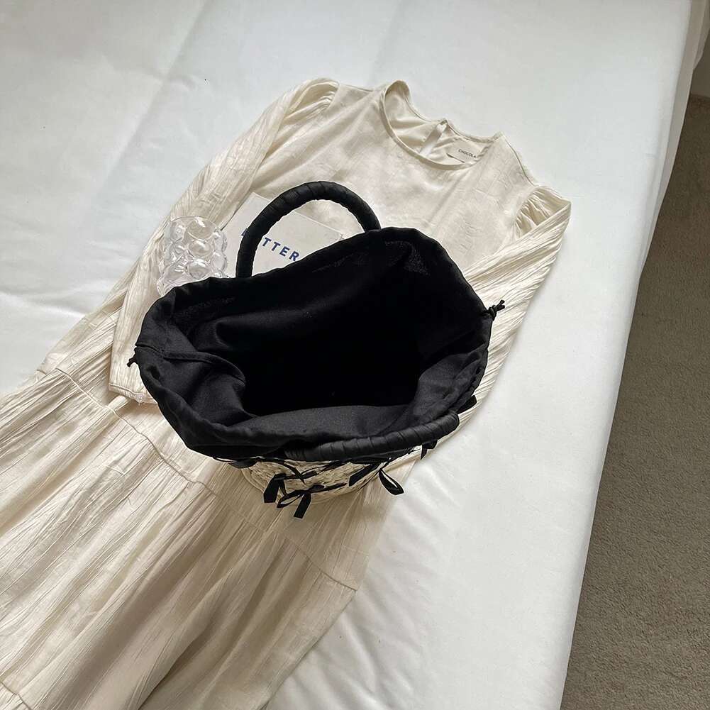 Summer Tote For Women Fashion Woven Raffia Basket Bag Bow Elegant Top Handle Clutch Bags Ladies Drawstring Beach Handbags