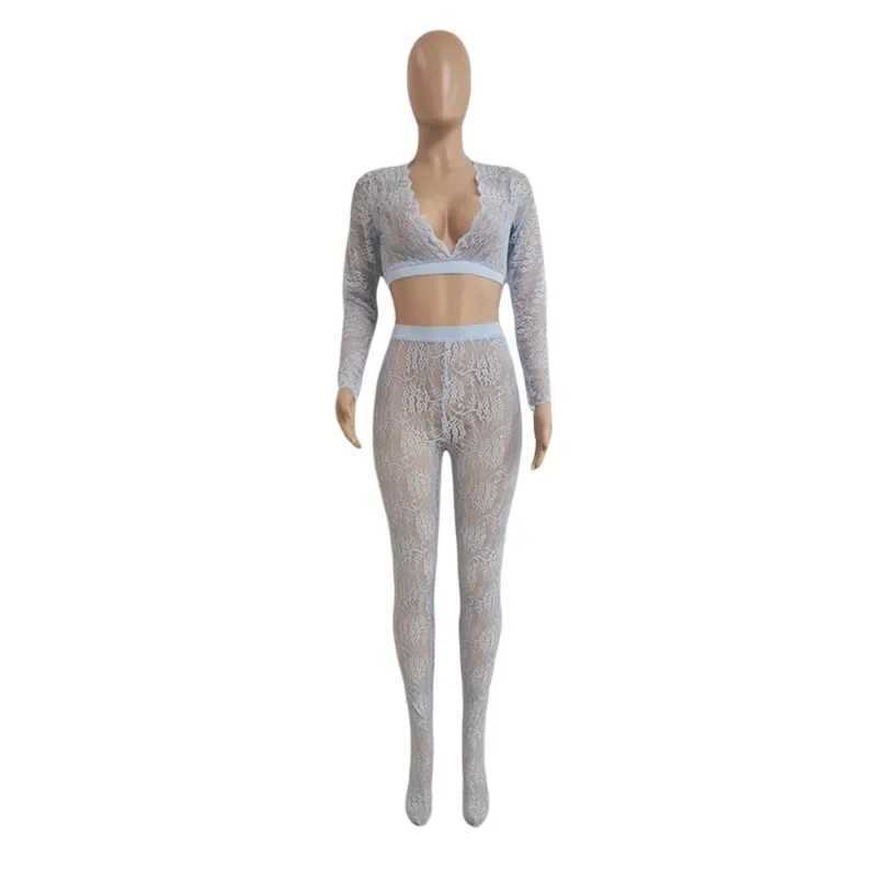Womens sexy transparent lace 2-piece set V-neck long sleeved crop top elastic waist long leg club outfit wholesaleXJ250411