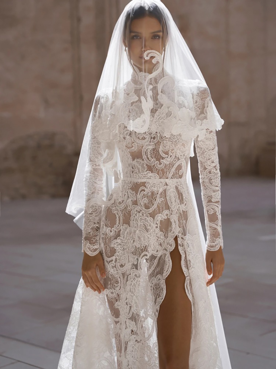 Vintage High Neck A-Line Wedding Dress Elegant Lace Appliques Dresses Side Slit Floor-length Bride Dresses Customized Vestidos De Novia