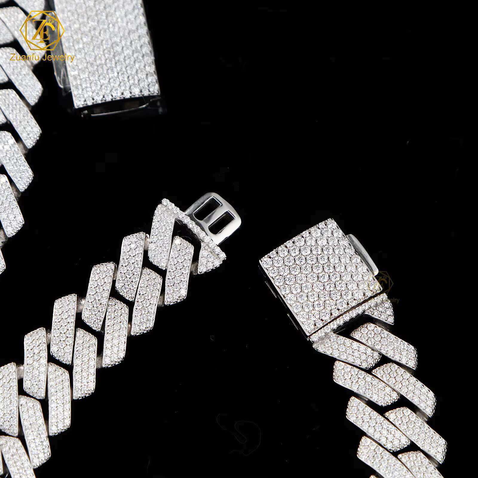 RTS 15mm 3-Rows Ice Out Diamond Hip Hop Moissanite Fine Necklaces 925 Sterling Silver White Gold Cuban Link Chain for Men