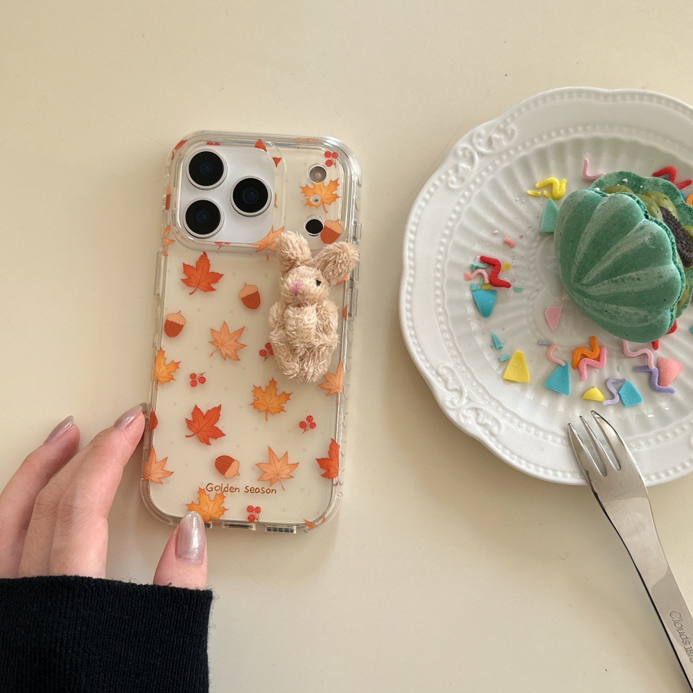 Maple Leaf Rabbit Phone Case Compatible with iPhone 17/16 Pro Personalized Transparent Protective Cover 15/14 Simple Anti-drop