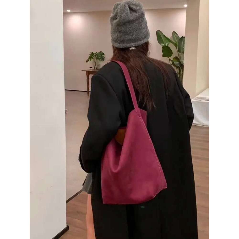 Casual Versatile Women Solid Color Suede Genuine Leather Single Shoulder Bag Large Capacity Totes Handbag Ladies Bucket Bags