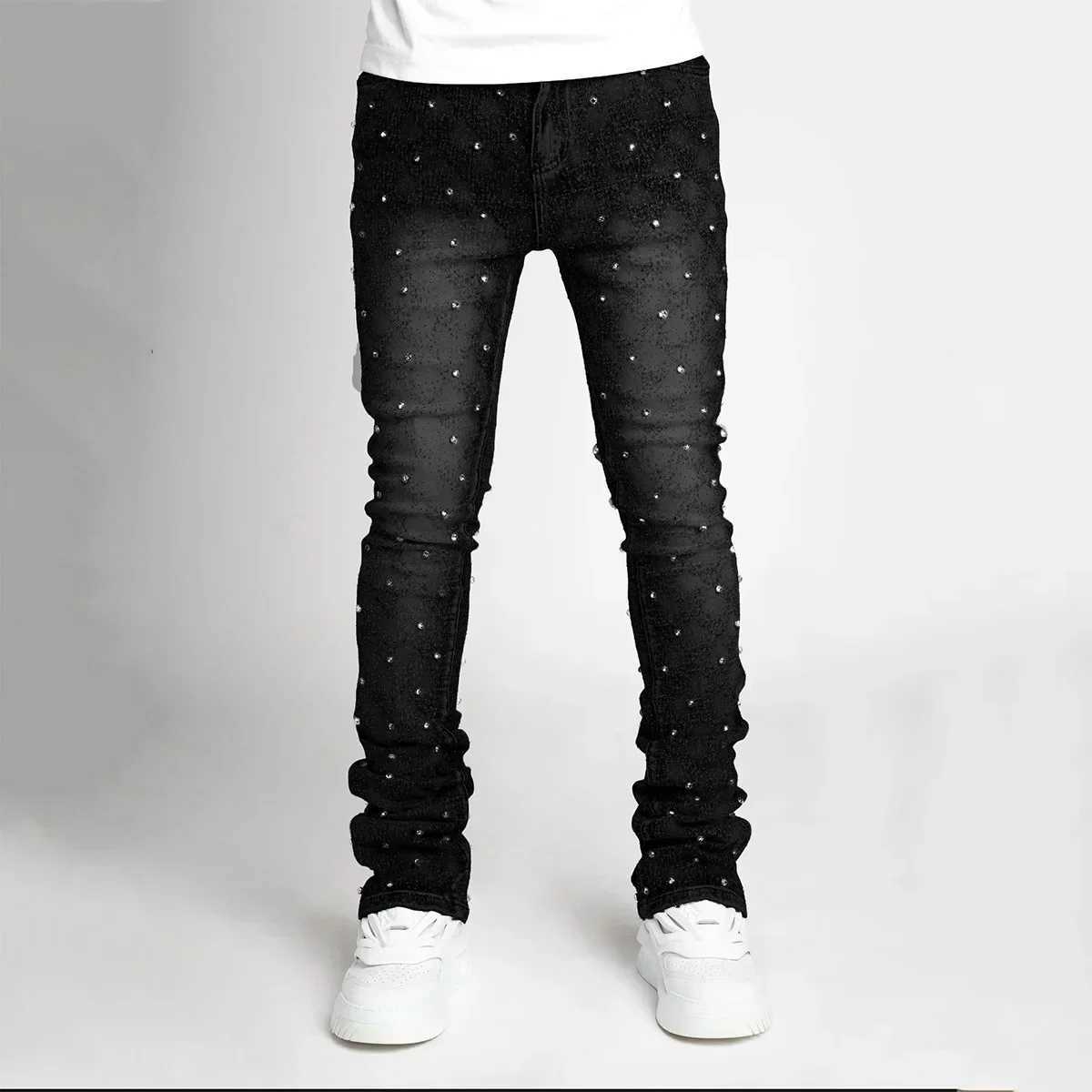 Mens personalized stacked jeans slim fit elastic pearl denim laminated pants mens fashionable straight jeans W250412