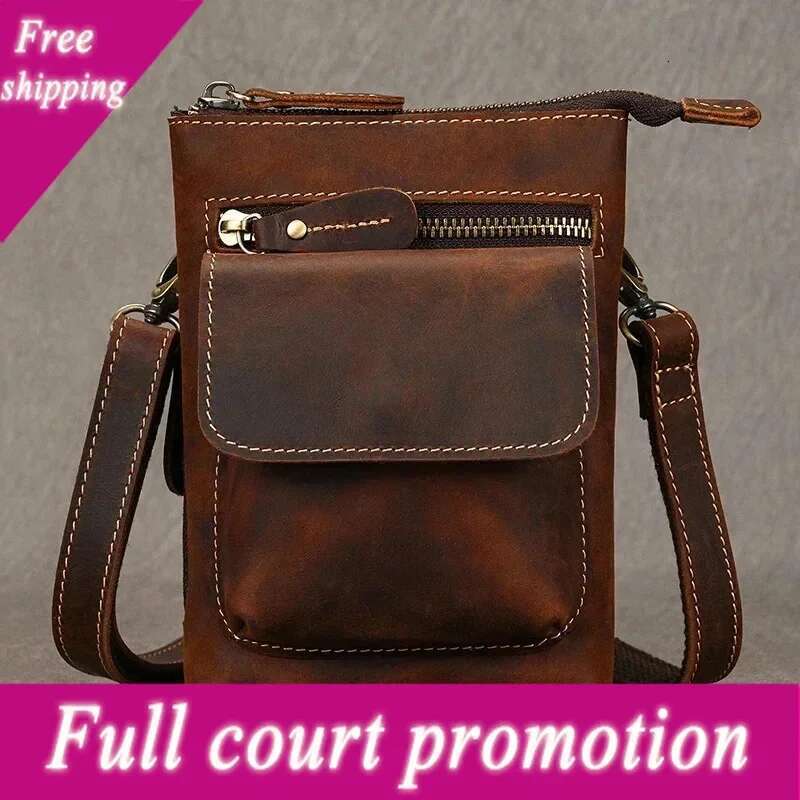 Retro Men's Hip Bum Bags Clip Buckle Waist Packs Zip Small Mini Fanny Pack Genuine Leather Cowhide Man Belt Pouch