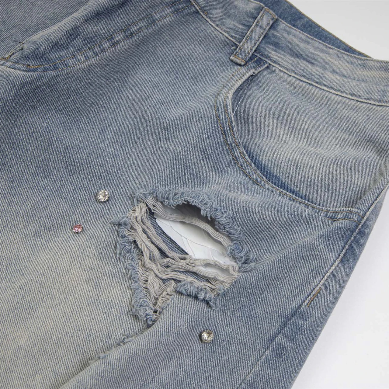 Rhinestone Hole Distressed Jean Shorts for Men Women Harajuku Streetwear Hip Hop Denim Short Pants Retro Shorts 250411