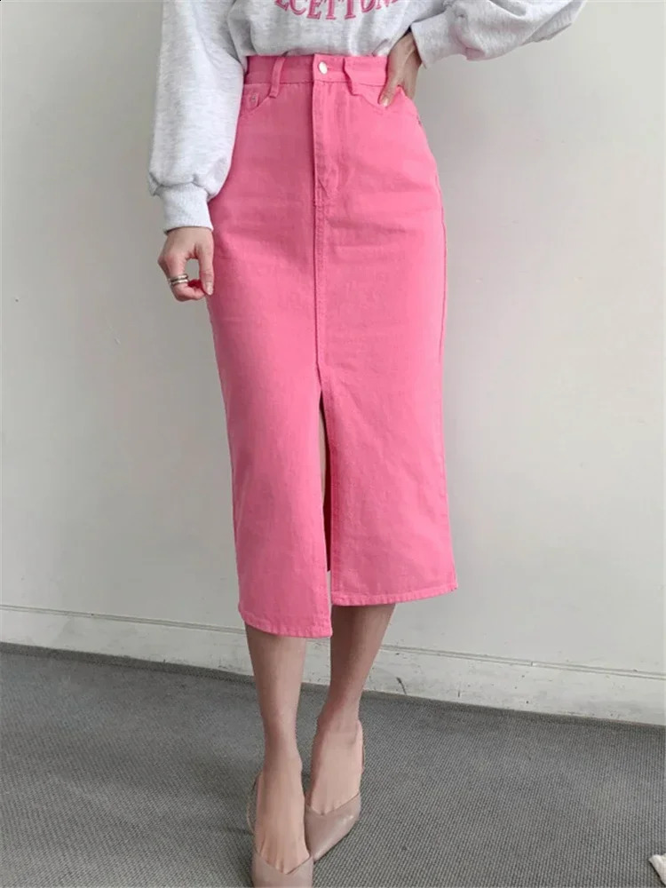 REALEFT Spring Summer High Waist Womens Denim Pencil Skirts Casual Front Split Jeans Pink Wrap Midi Skirts Female 250407