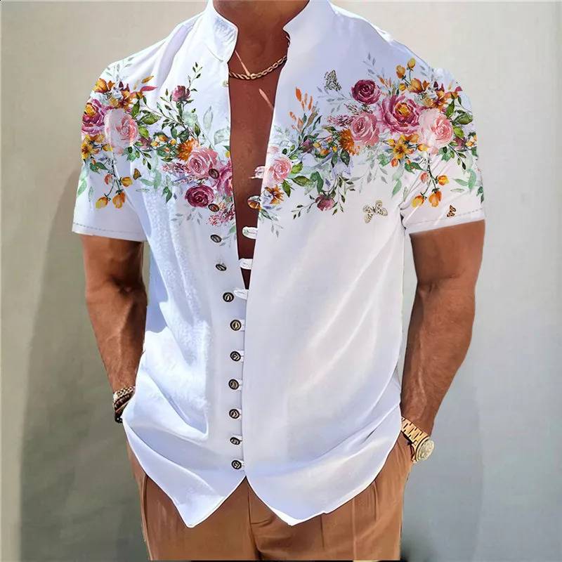 Mens Linen Shirt Floral Graphic Prints Stand Collar Outdoor Street Short Sleeve Print Clothing Apparel Linen Fashion 250411