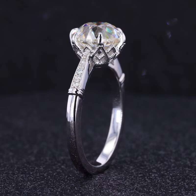 Starsgem Moissanite Ring 14k White Solid Gold Old European Cut OEC Moissanite Engagement Ring