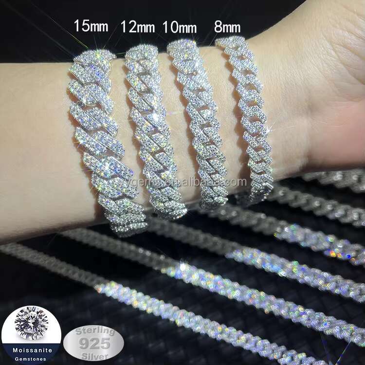 Factory Price High Quality 8mm 10mm 12mm 2rows Moissanite Diamond Chain S925 Sterling Silver Cuban Link Chain for Men