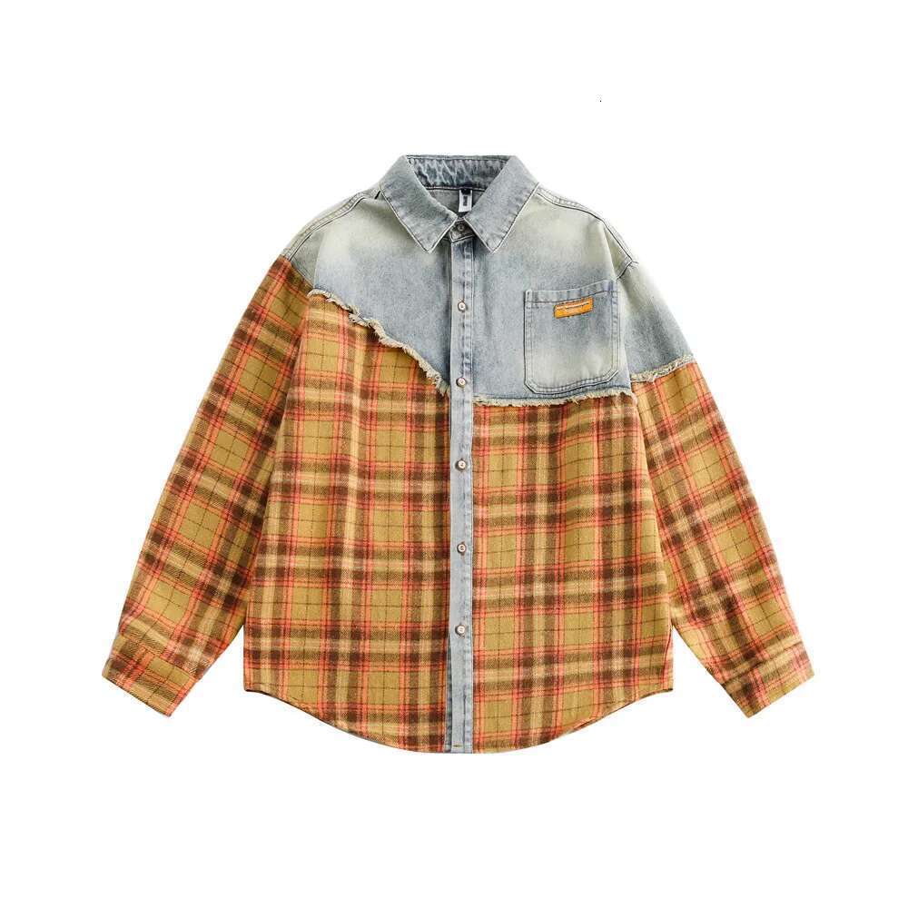 Denim Plaid Spliced Mens Washed Distressed Autumn High Street Lapel Pocket Single Breasted Long Sleeve Shirts