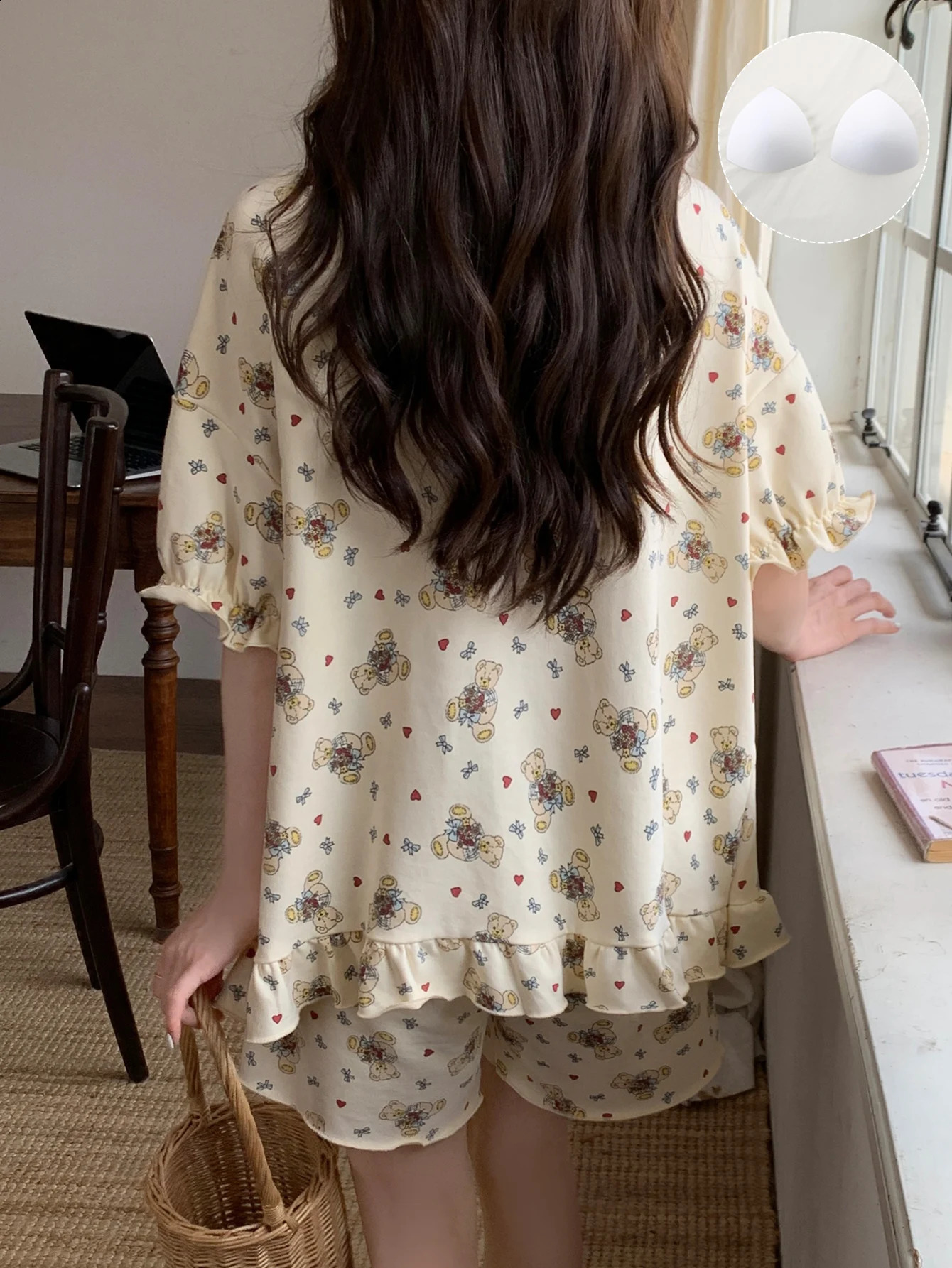 2025 cute lace teddy bear with chest cushion comfortable two-piece pajamas set 250411