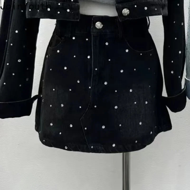 Korean Two Piece Sets Womens Outfits Temperament Crop Coat High Waist Bodycon Mini Skirt Suit Roupas Femme Diamond Denim Set 250411
