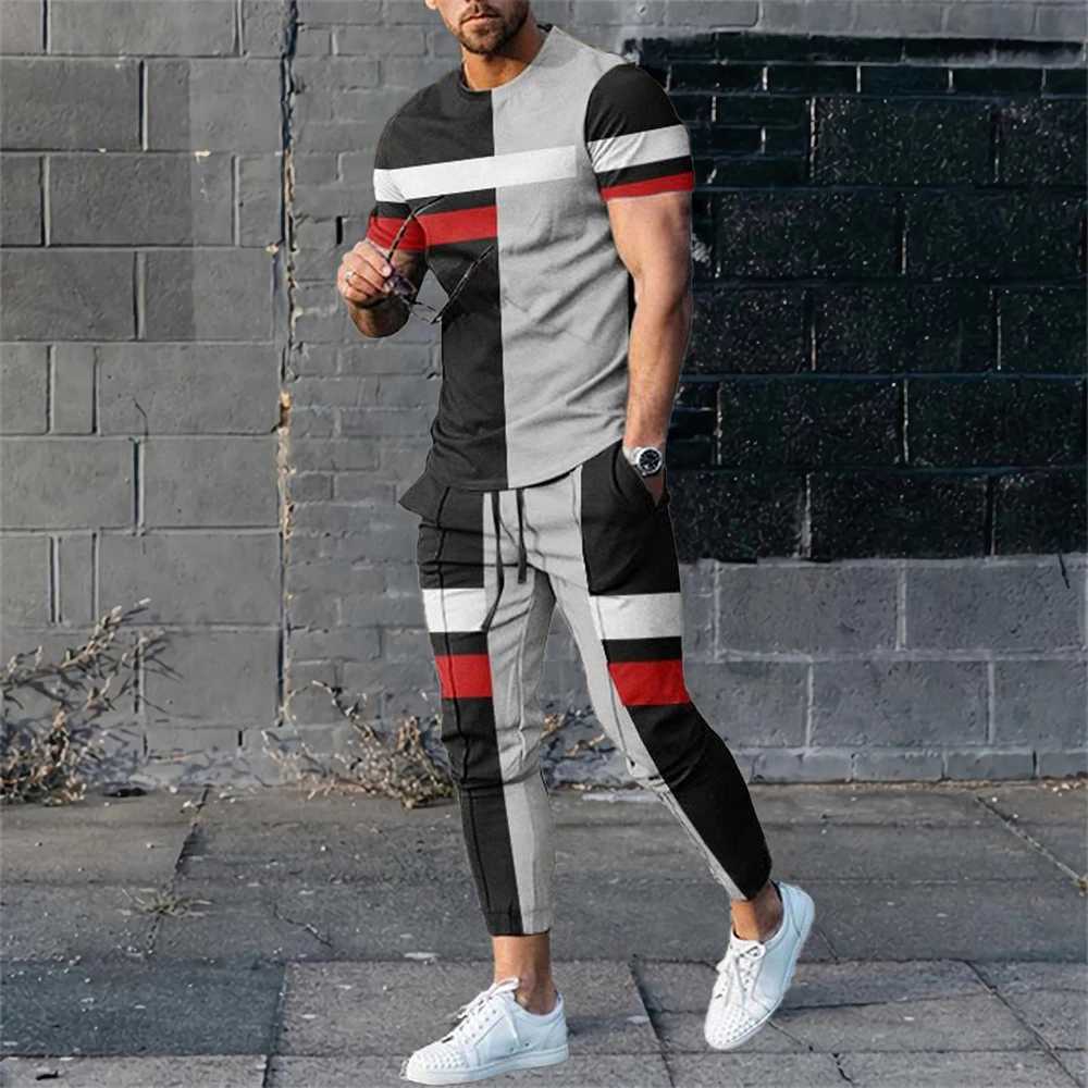 Summer casual sportswear short sleeved T-shirt mens sports pants 2-piece set mens top T-shirt 3D printed oversized mens clothingXJ250412
