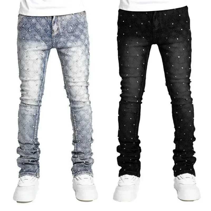 Mens personalized stacked jeans slim fit elastic pearl denim laminated pants mens fashionable straight jeans W250412