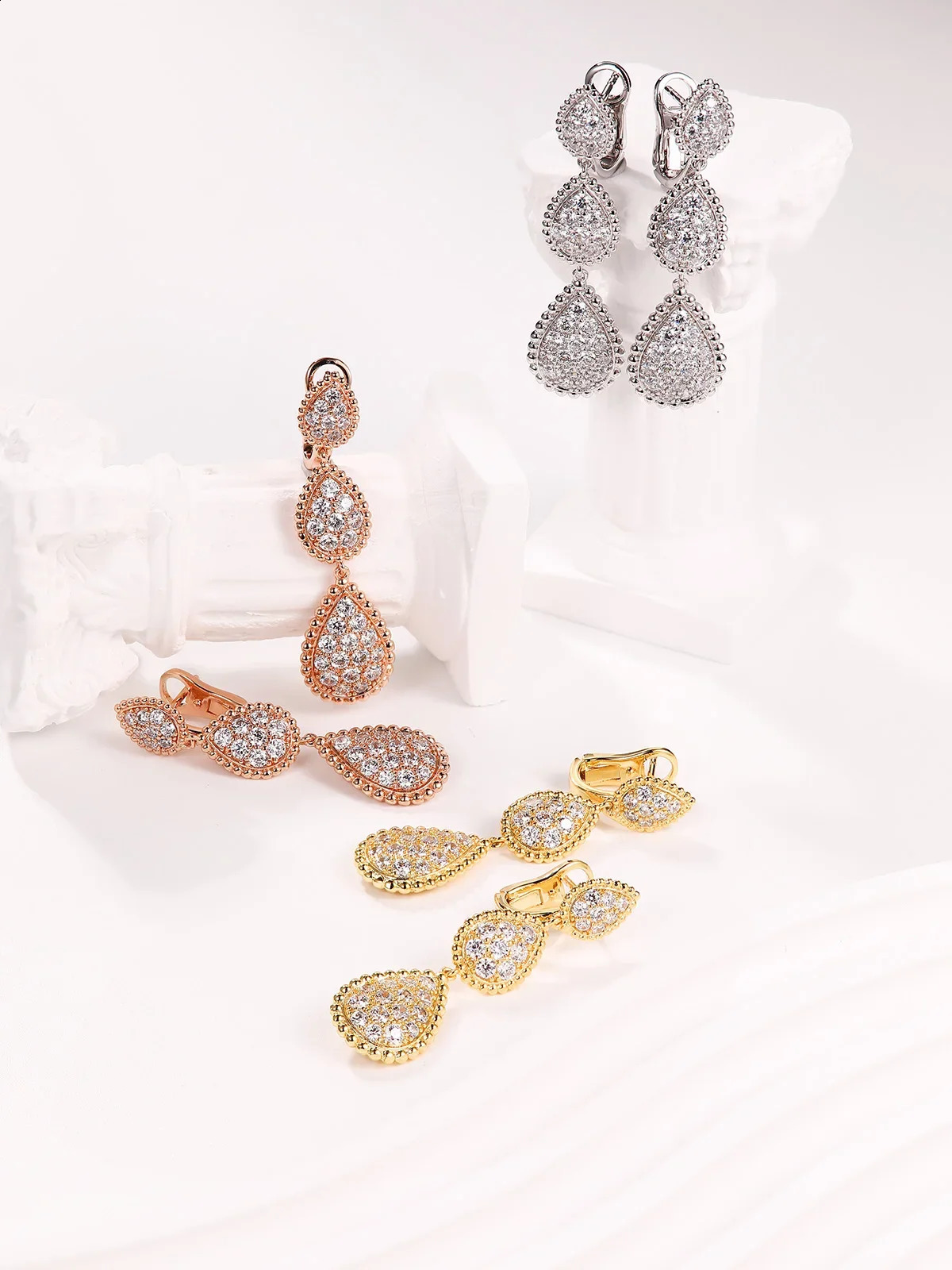 TYYL Classic 3 Water Drop Ear Clip Drop Earrings Stud Party Wedding Long Earring Zircon Ear Cuff Silver Jewelry For Women 250411