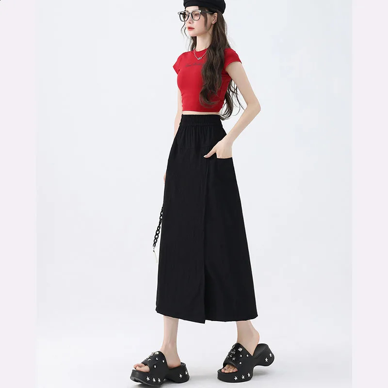 Harajuku Womens Wide Leg Pants Casual Elastic High Waist Pocket Leather Pants Womens Summer Solid Leg Pants 250408
