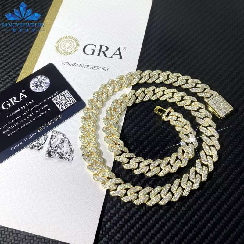 Custom Hip Hop Necklace Jewelry 925 Silver Yellow Solid Gold VVS1 Moissanite Diamond Iced Out 12mm 15mm 20mm Cuban Link Chain