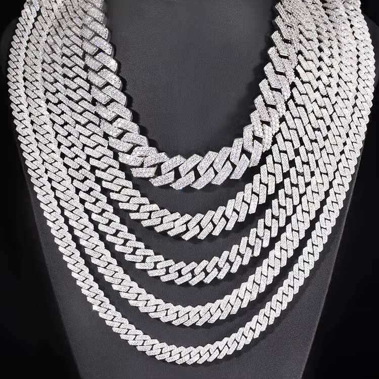 Gold Plated 100% Pass Tester 2rows VVS Moissanite 8mm-15mm Wide Sier Cuban k Chain for Hip Hop Rapper Jewelry