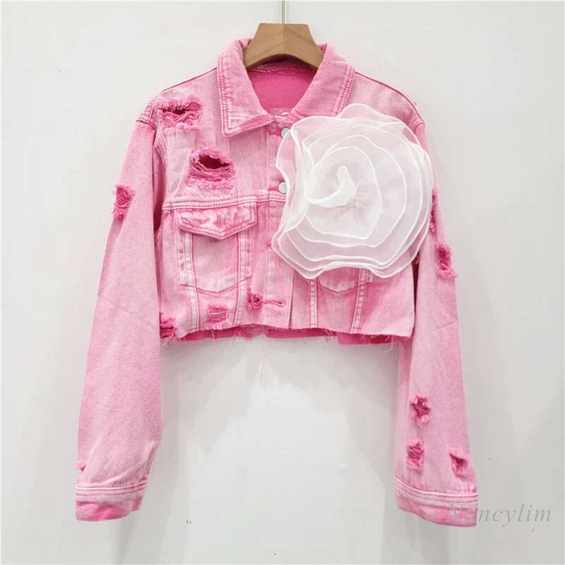 Three-Dimensional Wer Fashion Tie-Dyed Pink Ripped Cool Short Denim Coat Female Fashionable Street Jean Jacket Holes Coats