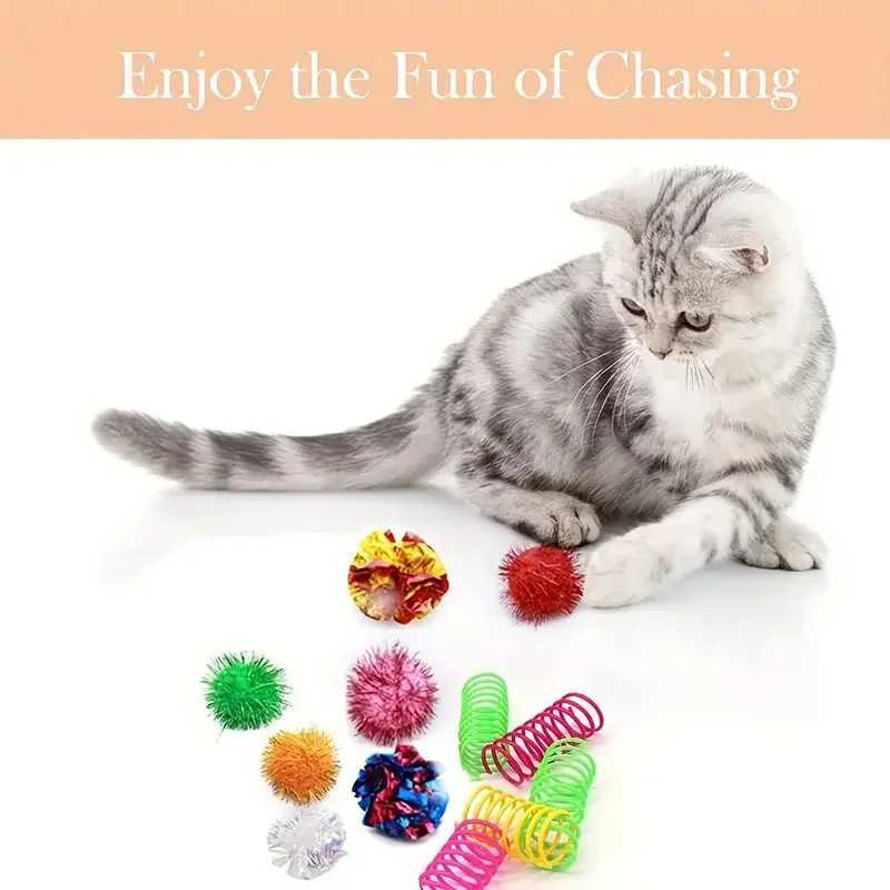 20 Interactive Cat Toys Random Color Set Indoor Cat Interactive Toys Wrinkle Ball Flash Ball Spiral Spring Spring Tube Y250412