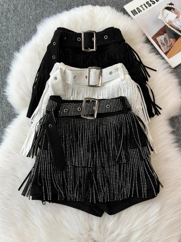 Fashion Y2k Tassel Shorts Black Diamond Korean Sexy High Waist Trendy Party Night Shop Costume Dance Pants Women 250411
