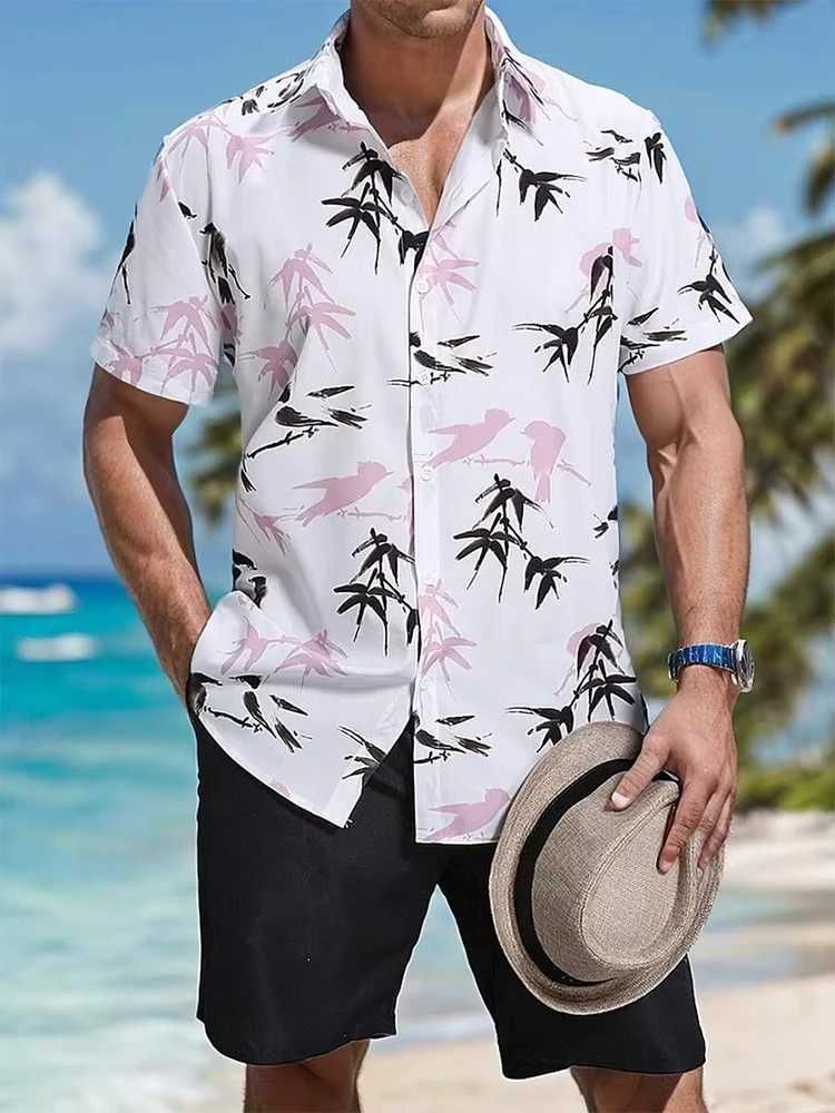 Hawaiian shirt set mens yellow duck print fashion pattern summer fashion casual daily big button down jacket two-piece setXJ250412