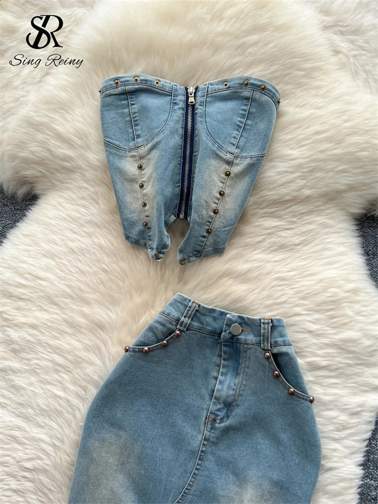 SINGREINY American Retro sweet Sets Women Zipper Rivet Skinny TopHigh Waist Split Bodycon Skirt Streetwear Denim 2pcs Suits 250411