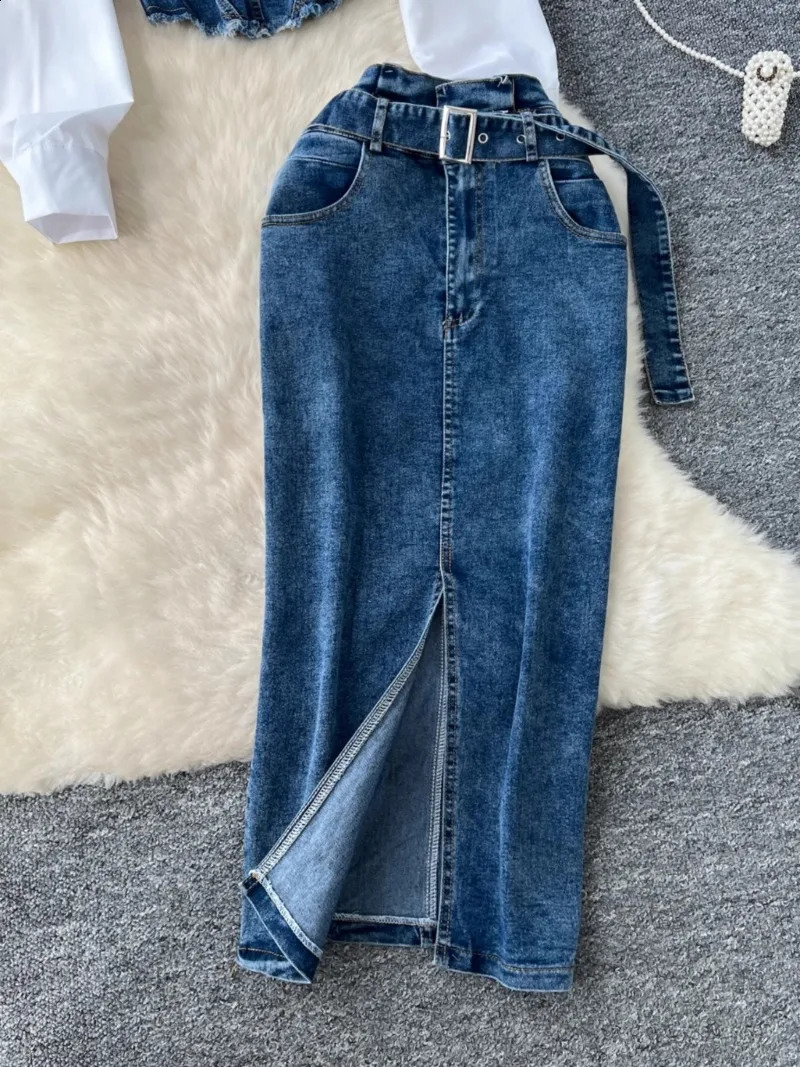 Women 2025 Sets Turn-down Collar Long Sleeve Denim Patchwork Shirts High Waist Bodycon Split Skirt Fashion Casual Suit 250411