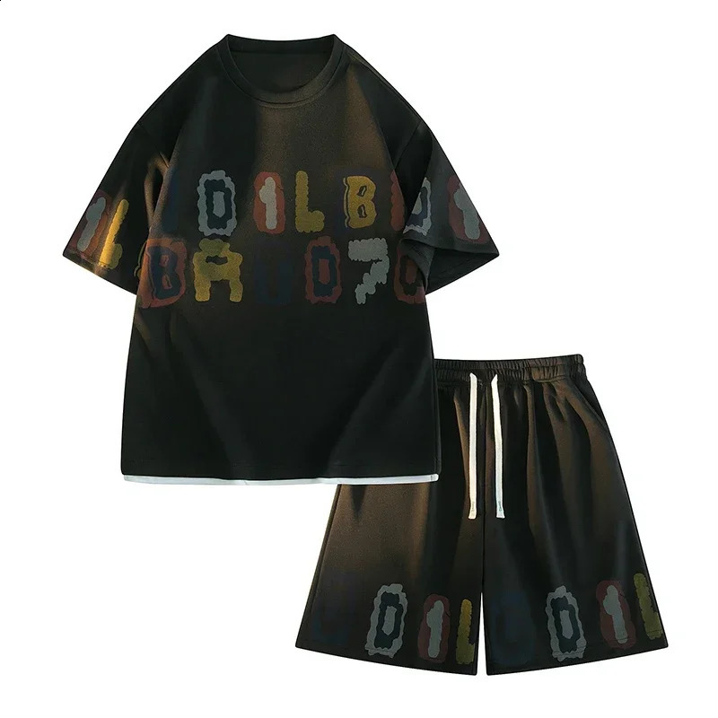 Summer mens track and field suit set oversized streetwear letter printed T-shirt shorts 2-piece set hip-hop rock casual short jacket 250411
