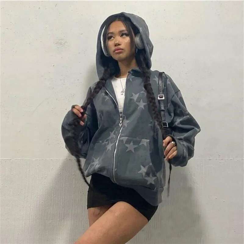 Autumn Y2k Printe Star Graphic Zip Up Oversized Sweatshirt Goth Hoodie Men Women Grunge Hooded Jacket Streetwear Letter Clothing