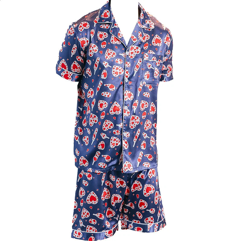Two piece set of mens pajamas summer short sleeved pajamas heart-shaped printed home clothing pajamas set 250411