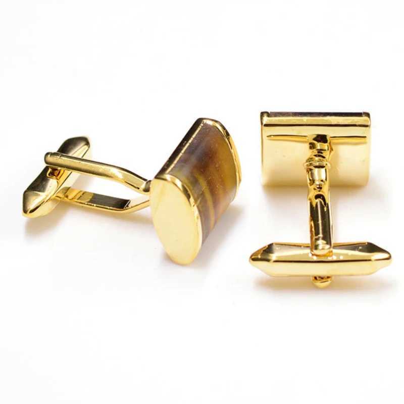 New Tiger Eye Stone Yellow Cufflinks Mens Business Party Shirt with Metal Button Cufflinks Friends Birthday GiftT250412