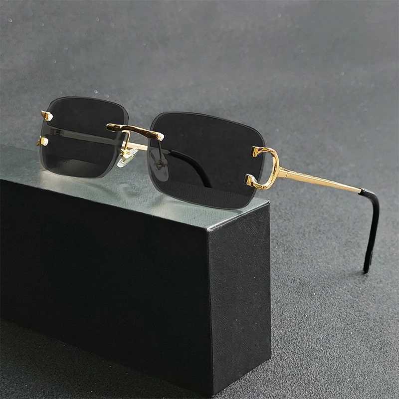 HBK Retro Rimless Sunglasses For Women Men Small Square Gold Frame Brand Design Tea Shades Rectangle UV400 Zonnebril EyewearC250411