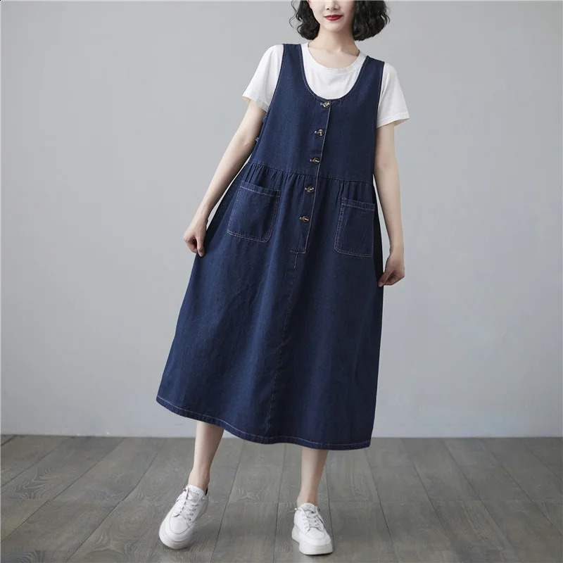 Wxw2101 SpringSummer Denim Jacket Womens Sleeveless Aline Jeans Vneck Single Chest Midi Dress 250411