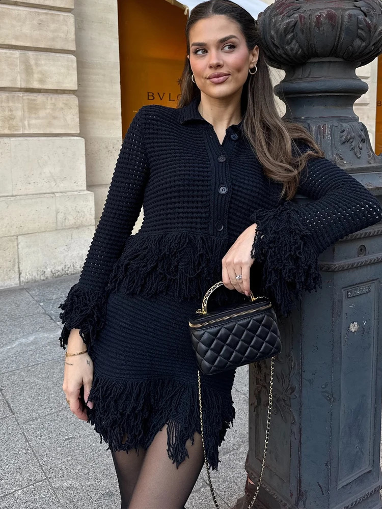 TRAFZA Vintage Women Knitted Hollow Out Tassel Mini Skirt Set Fashion Knit CardiganFringe Mini Skirt Spring Streetwear Suit 250411