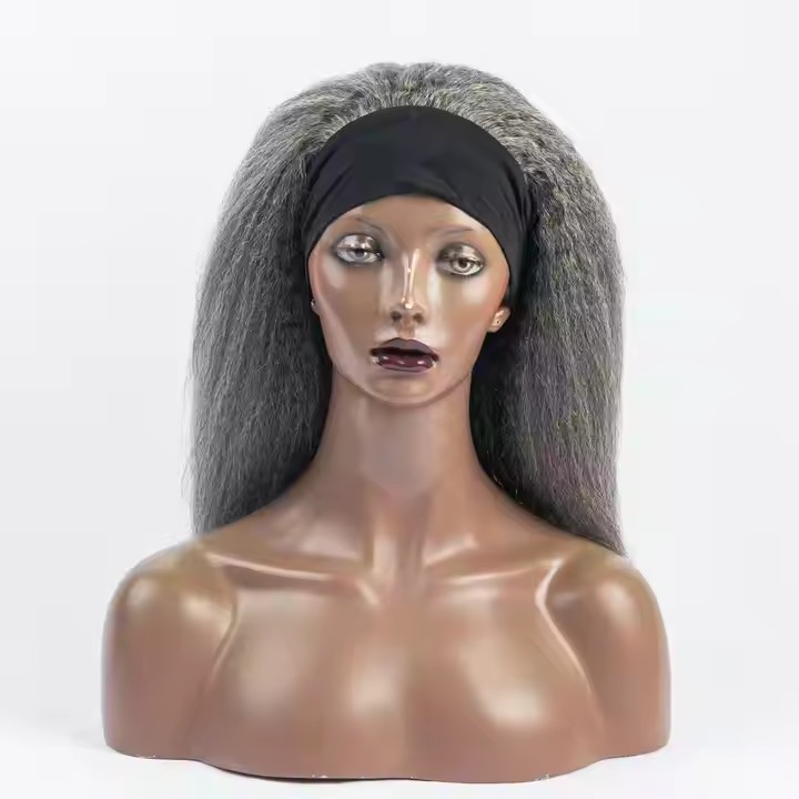 Grey Kinky Straight Headband gray Hair head band Wigs for Black Women 12A Salt and Pepper Human Hair Wig
