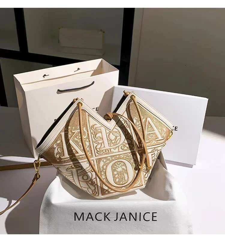 Autumn Textured Leather Embroidery Striped Bucket Women Fashion Handbag Lady Purse Female Shoulder Messenger Casual Bag