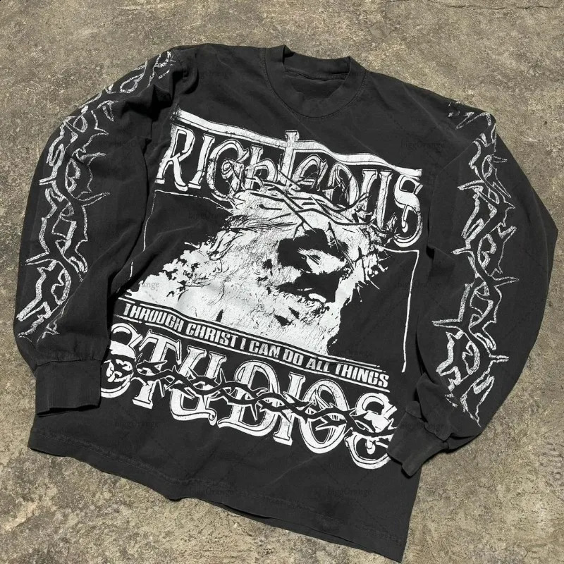European and American Harajuku Retro Streetwear Gothic Punk Style Letter Print Long-sleeved Men Hip-hop Trend Oversized T-shirt 250411