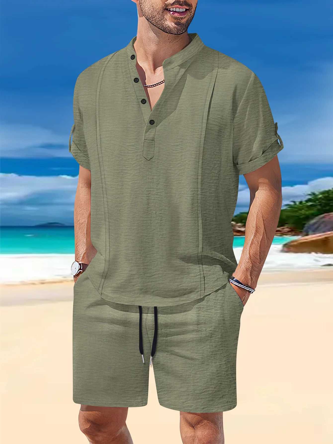2025 Summer Mens Solid Color Henry Neck Short Sleeve Daily Leisure Outdoor Beach Style Brushed Shorts Two Piece SetXJ250412