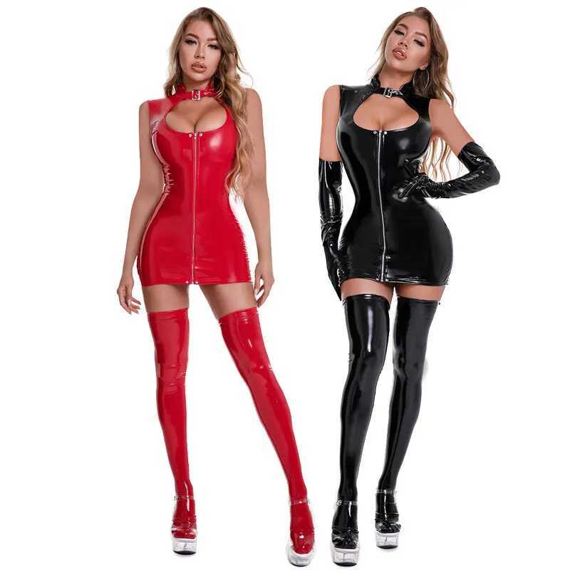Womens sexy leather dress with stockings and gloves W250412