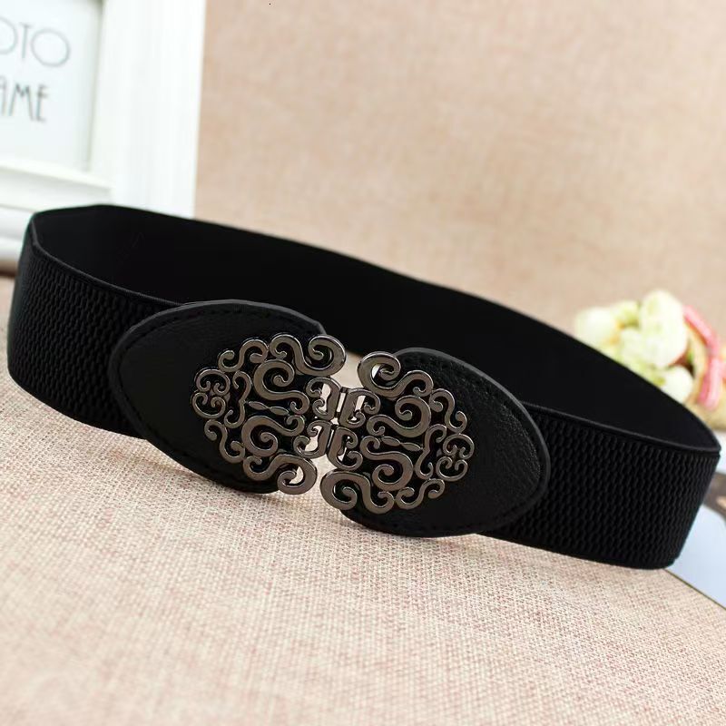 Elastic waistband, ladies' gun, black metal buckle, decorative belt, skirt, fit, versatile, elastic band, carved slim waist seal