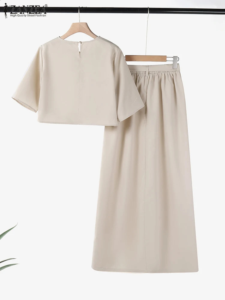 ZANZEA 2025 Summer Fashion Outfits Solid Half Sleeve Crop Tops Casual Women 2-Pieces Sets High Waist Skirts Pintuck Skirt Sets 250411