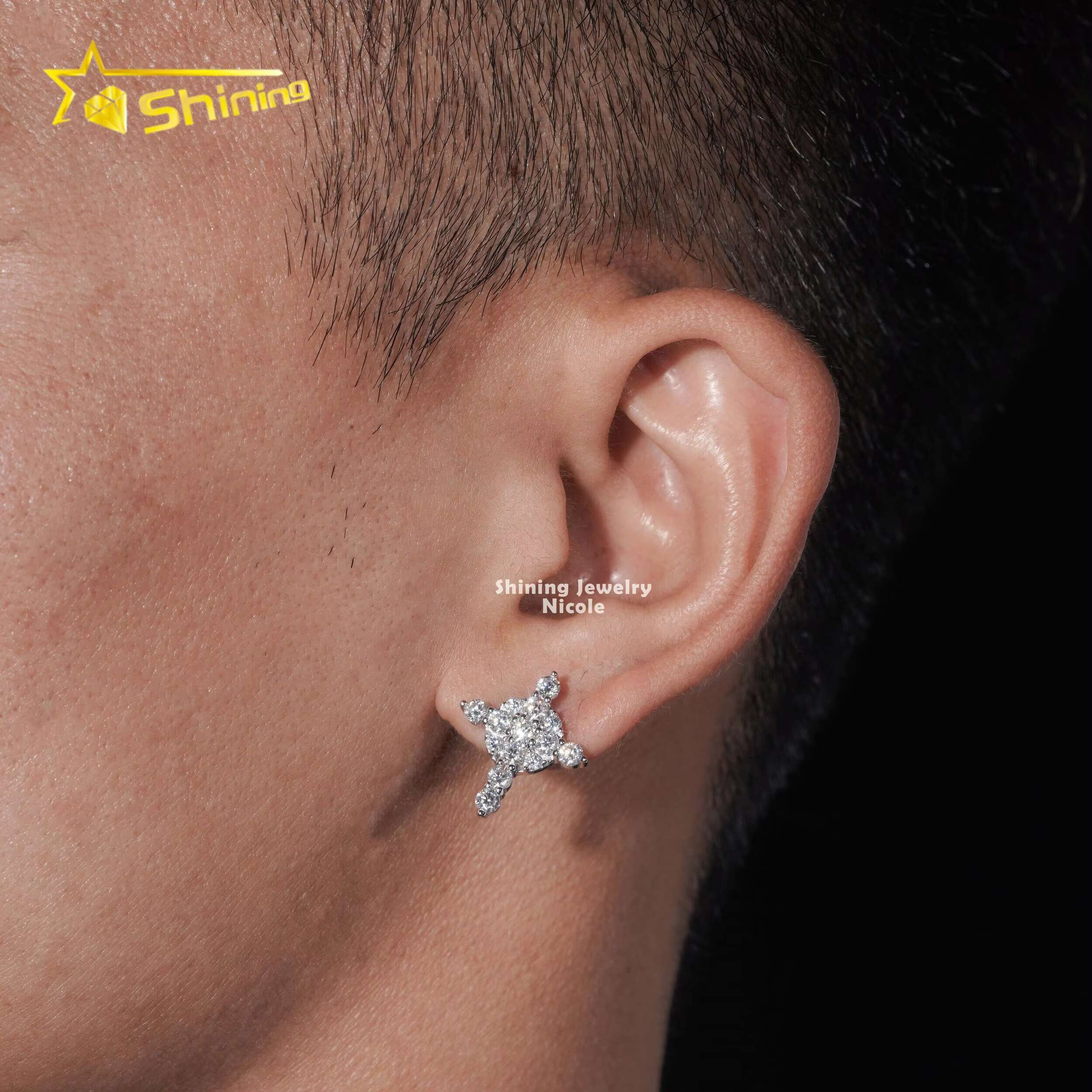 Fashion Jewelry New Design Iced Out Cross VVS Moissanite Diamond Studs 925 Silver Earrings for Men
