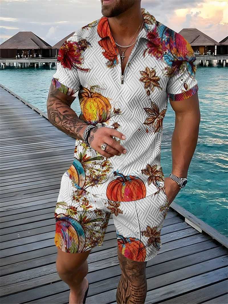 Flower 3D printed polo shirt shorts set mens fashion flower oversized short sleeved shirt pants set mens sportswear setXJ250412
