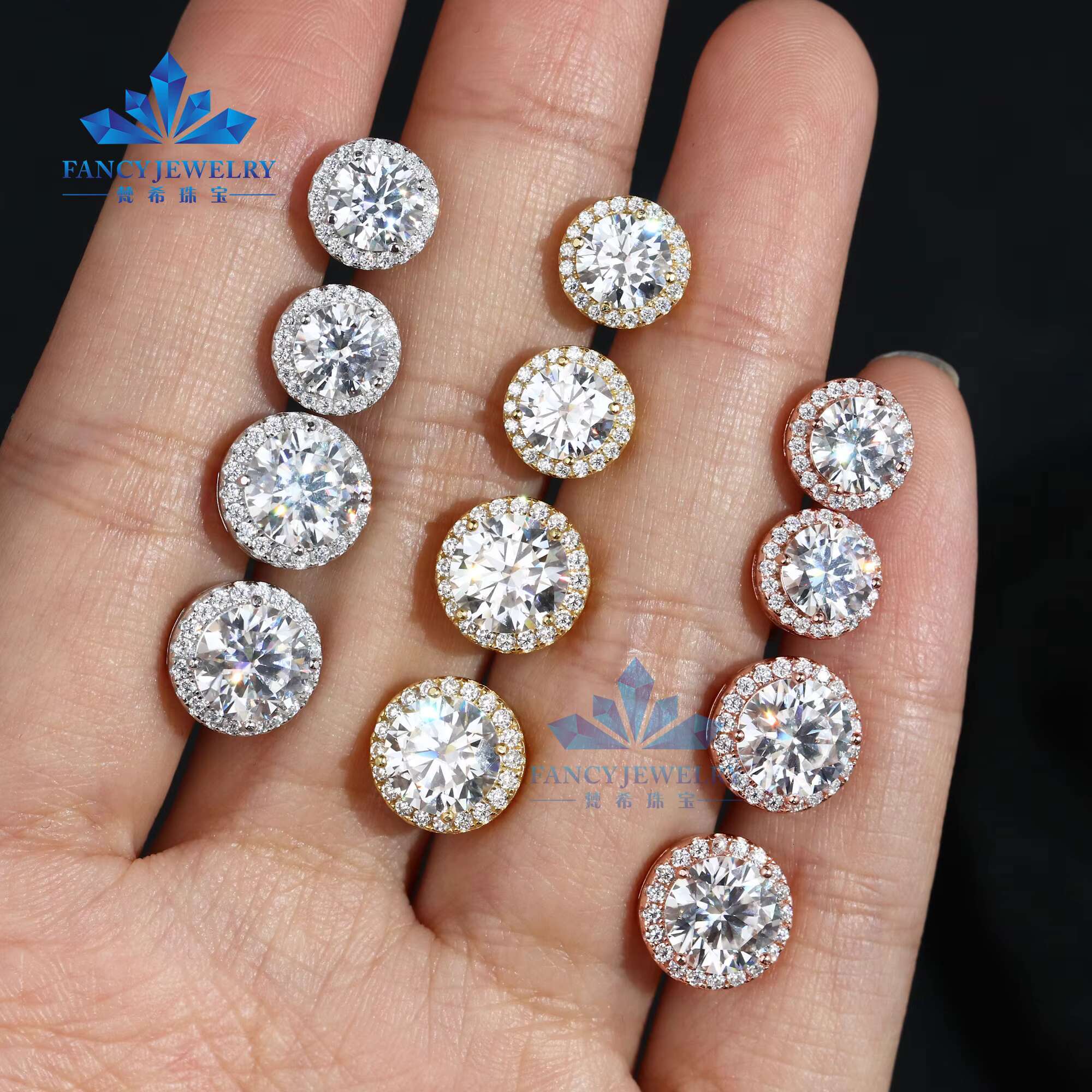 Big Mossanite Stud 1ct-2ct 6.5mm 8mm 18K Gold Plated 925 Sterling Silver Lab Moissanite Diamond Halo Earring for Women Men