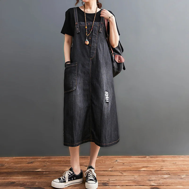 Wxw2110 Summer Black Full Set Cowboy Dress Large Pocket Loose Asymmetric Aline Midi Button Vestidos 250411