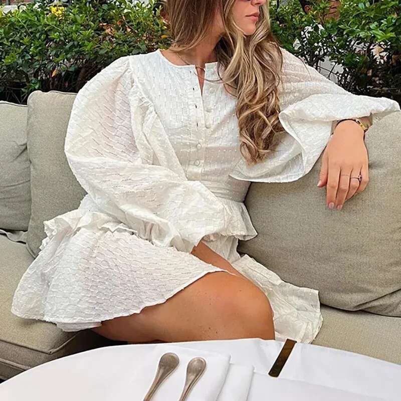 Spring Autumn Lantern Sleeves White Casual Buttons Layered Party Elegant Women's O-neck Ruffled Loose Dress Vestidos